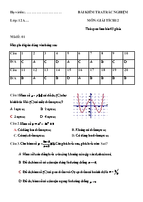 Bài kiểm tra trắc nghiệm môn Giải tích lớp 12